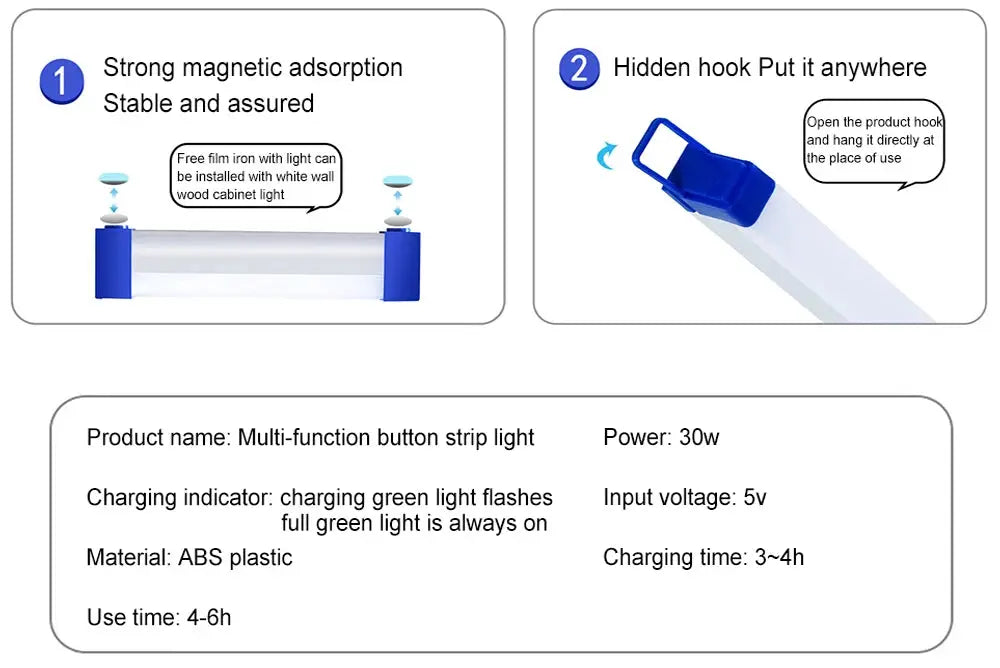 LED video light wand by Simples Market, rechargeable handheld fill light with blue ends, 30W ABS plastic