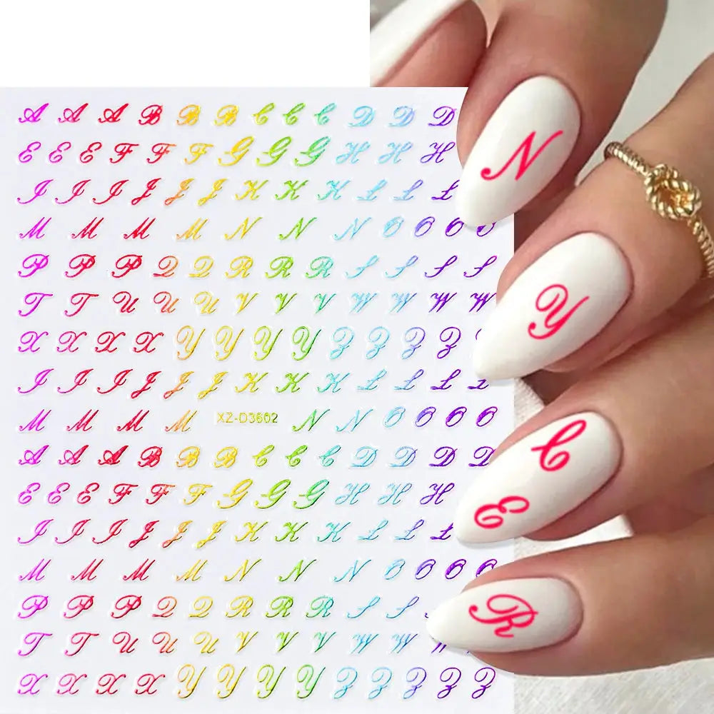 3D Roman letter nail stickers sheet in rainbow colors; self-adhesive manicure decals by Simples Market