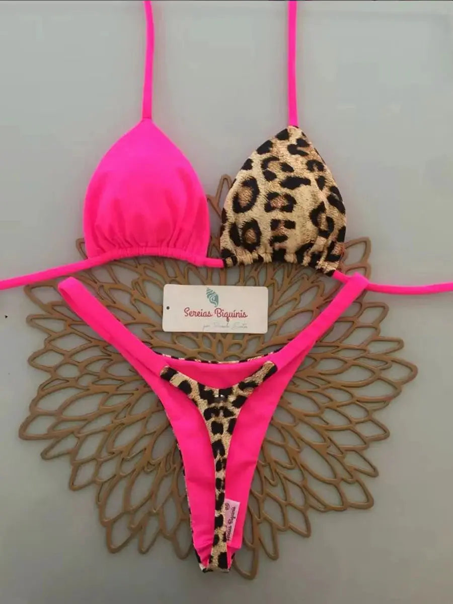 Two-piece micro bikini set from Simples Market; hot pink and leopard print triangle top with pink thong bottom