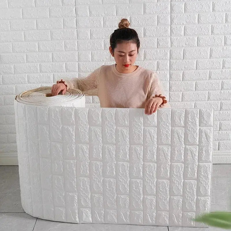 70cm×1m 3D brick pattern wall panels wallpaper, white, waterproof DIY decor for living room/bedroom/kitchen