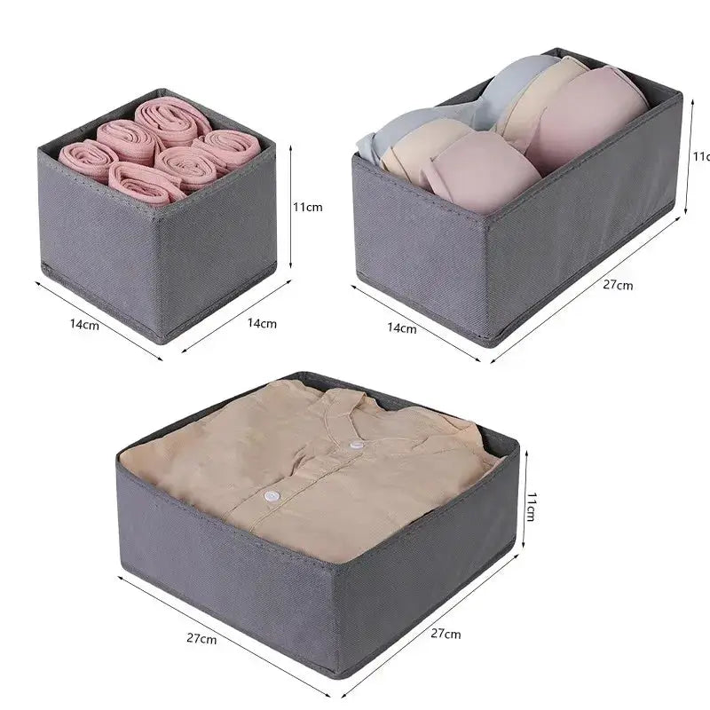 Foldable drawer organizers set of 3 in grey fabric for wardrobe storage; sizes 14×14×11cm, 27×14×11cm and 27×27×11cm.