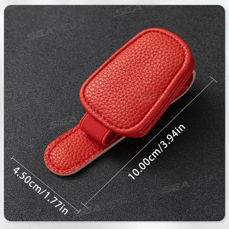 Car sun visor clip glasses case in red PU leather with strap