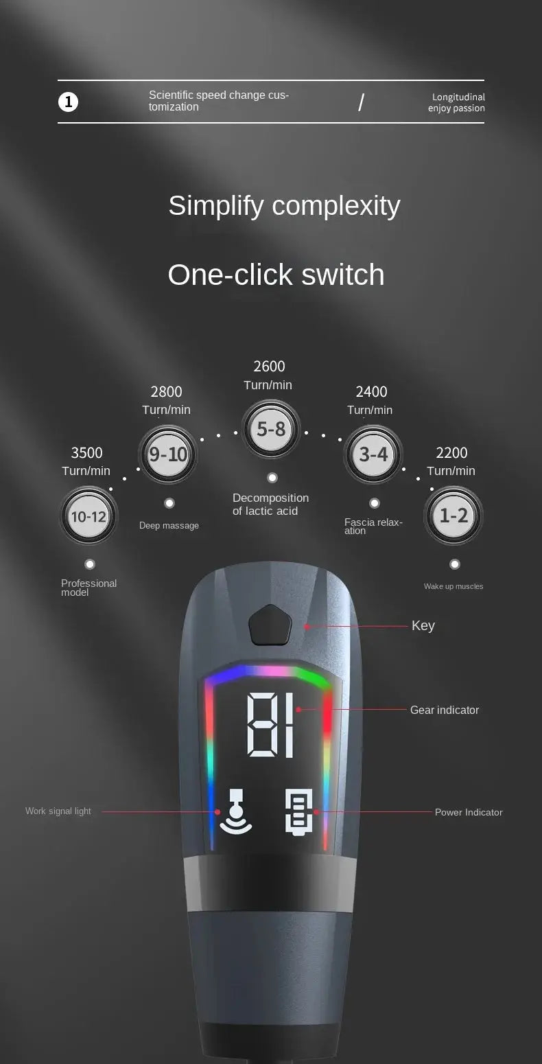 Simples Market long-handle electric massage gun with blue-gray body, digital display and multi-speed control.