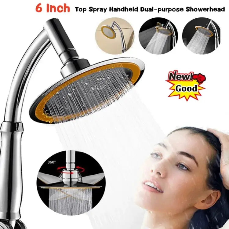 6-inch high-pressure handheld shower head with chrome finish and 360° rotation rainfall spray