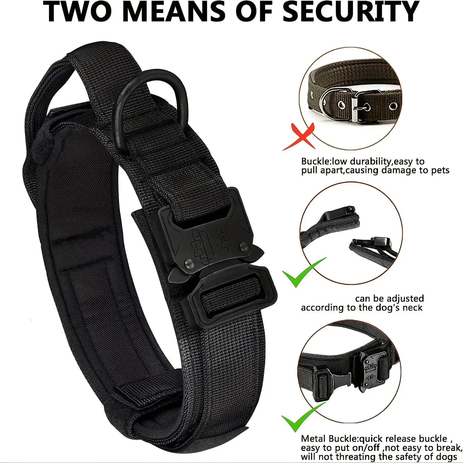 Simples Market Tactical black nylon dog collar with control handle and metal buckle; adjustable for medium/large dogs.
