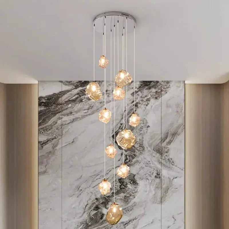 LED pendant light chandelier with cascading amber glass orb pendants