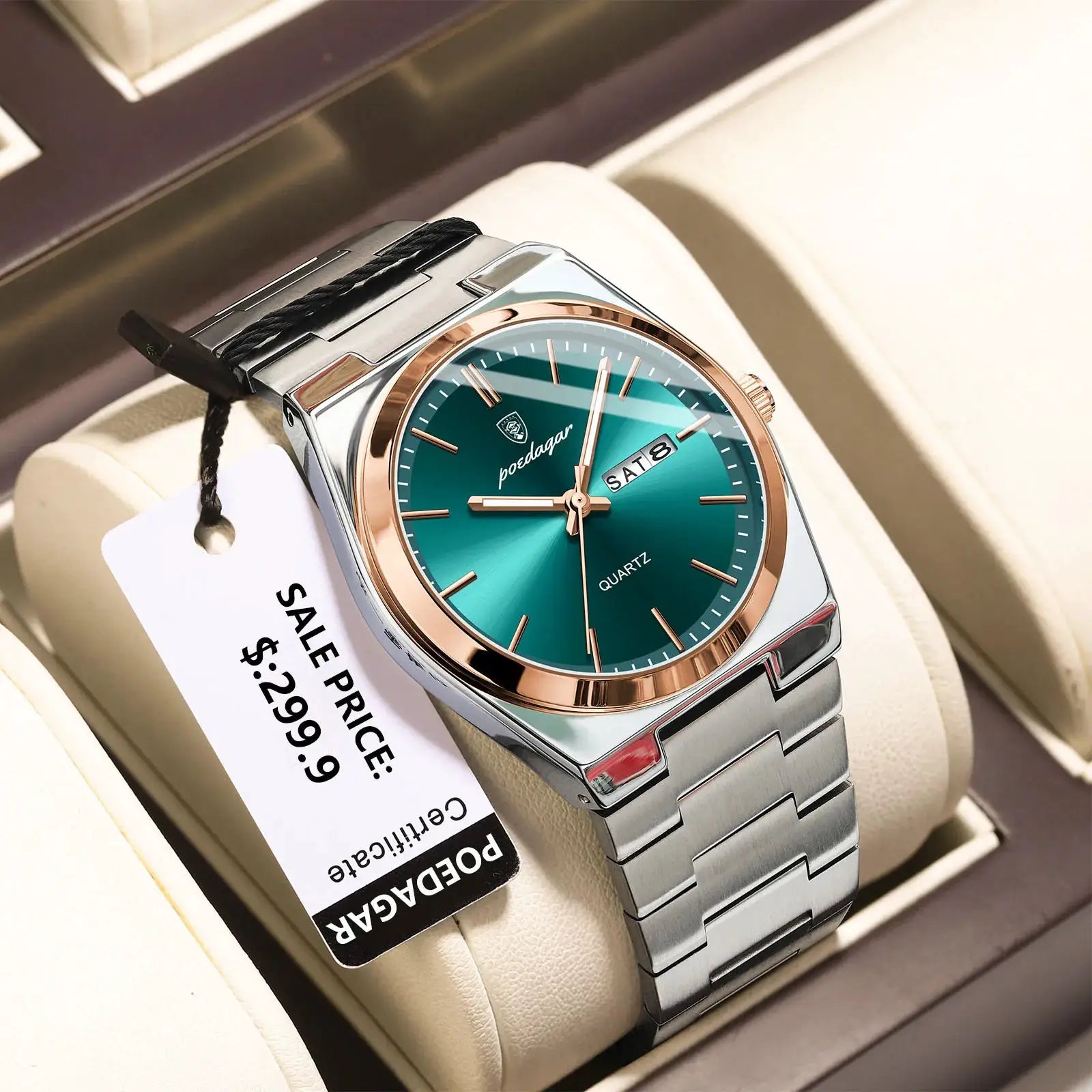 POEDAGAR men's luxury wristwatch with green dial, stainless steel band and rose-gold bezel, day-date window, quartz
