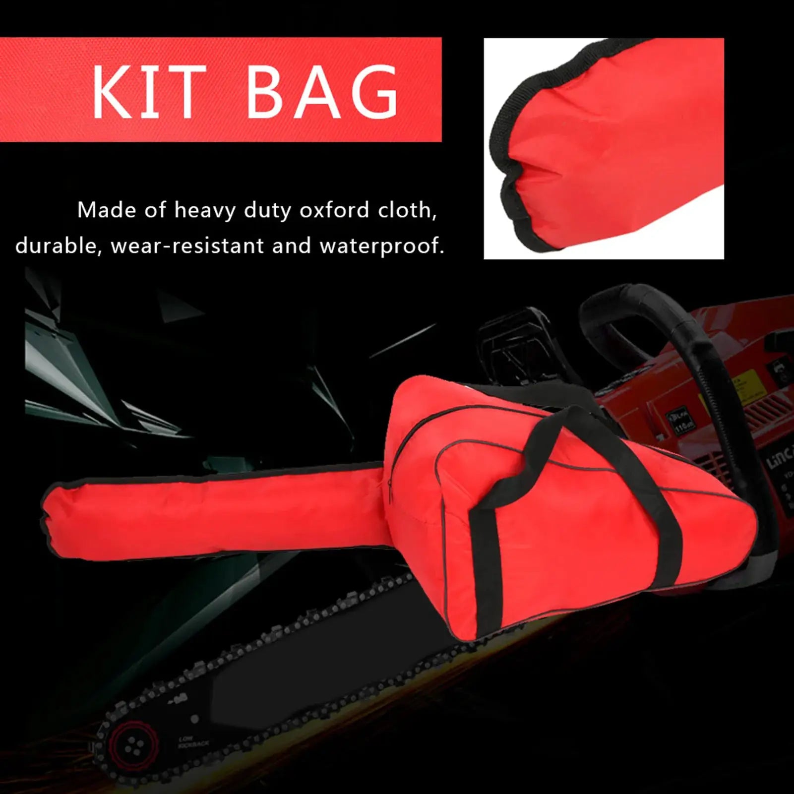 Red Oxford cloth chainsaw bag; waterproof, durable tool carry case for loggers' saws