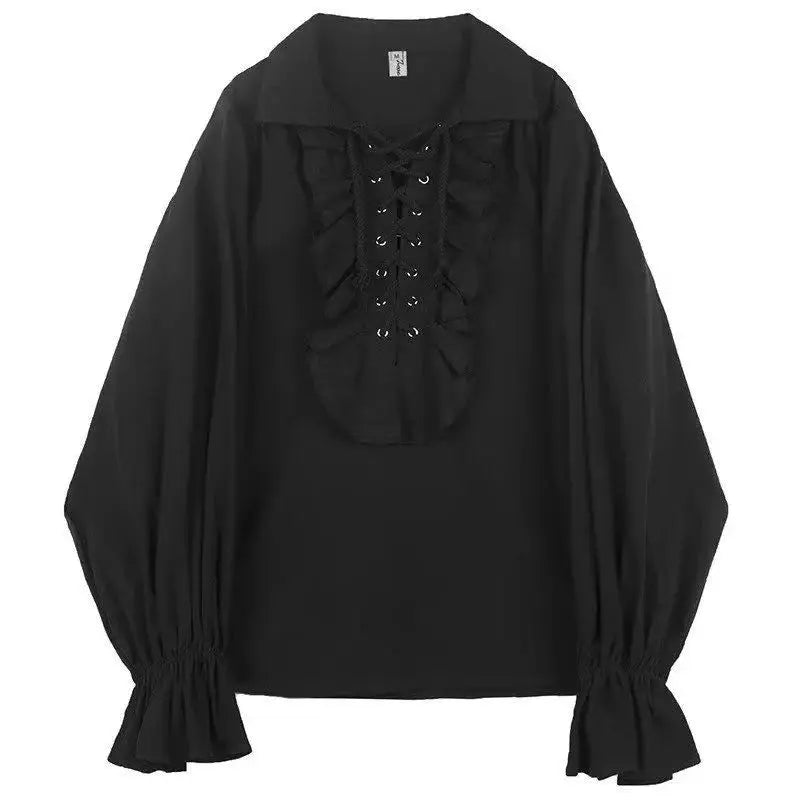 Ouji Womens Victorian Gothic Blouse Ruffled Front With Adjustable Lace Up Closure
