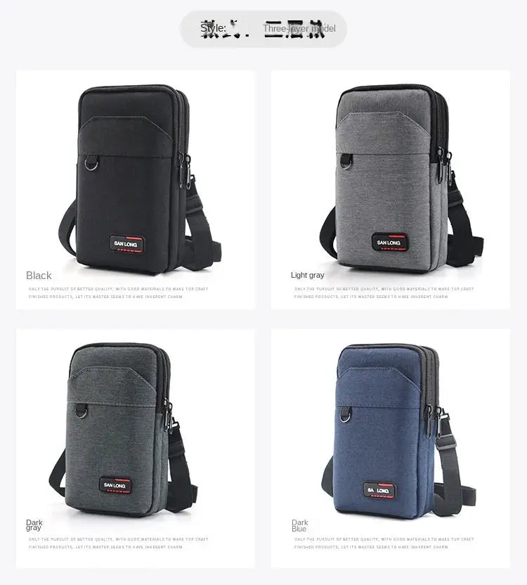 Men's waterproof tactical waist pack set of four color options with phone pouch; San Long logo.