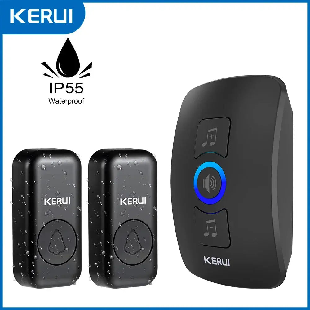 KERUI Wireless Doorbell kit with two black waterproof receivers and a black indoor chime unit, IP55, adjustable volume