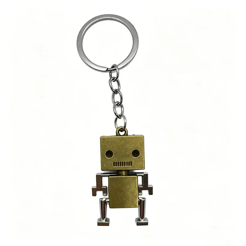 Retro movable robot keychain pendant on metal ring, brass-toned body with silver joints