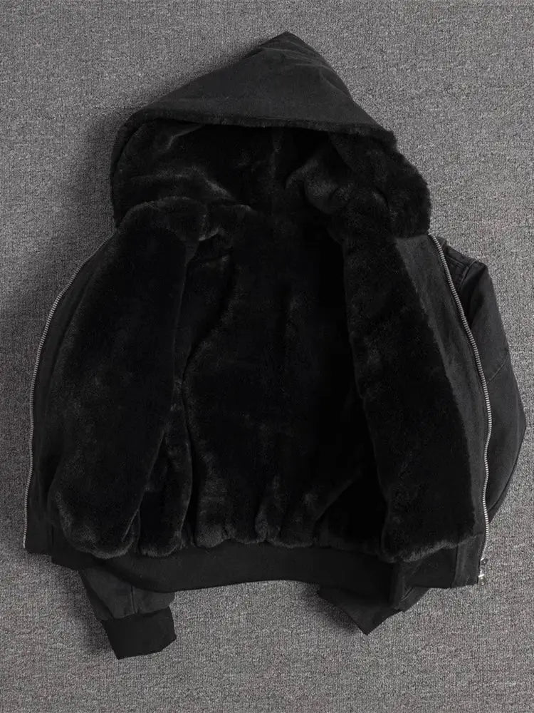 Oversized padded canvas jacket with faux fur lining and hood in black