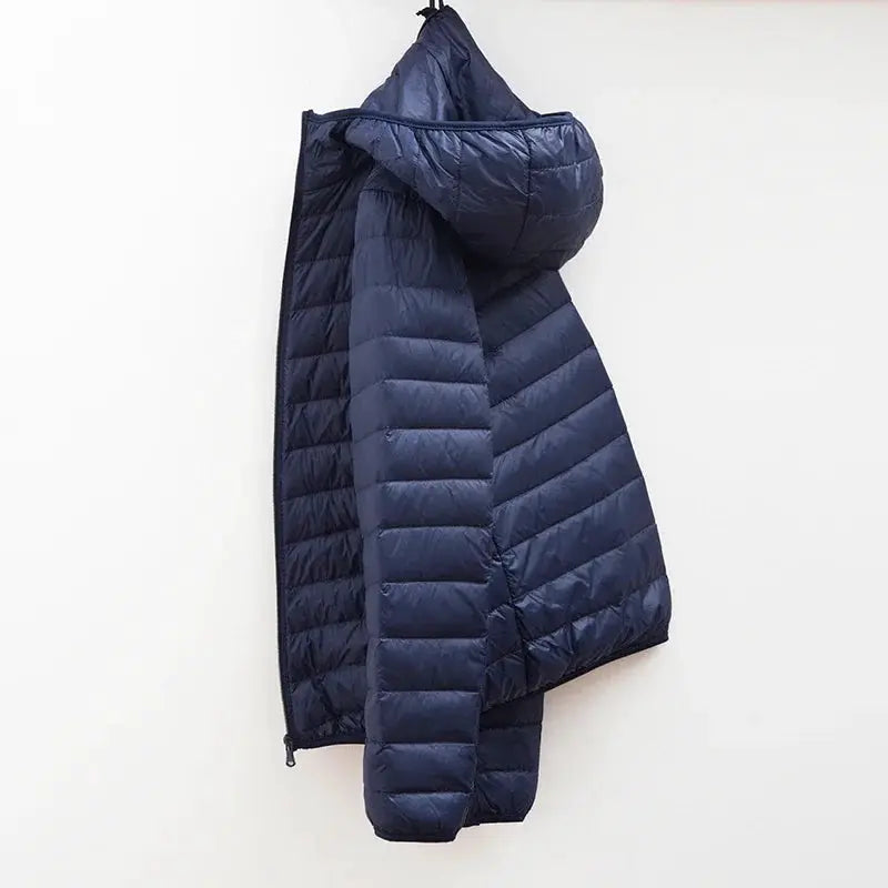 Men's duck-down ultralight puffer jacket, navy blue, with hood