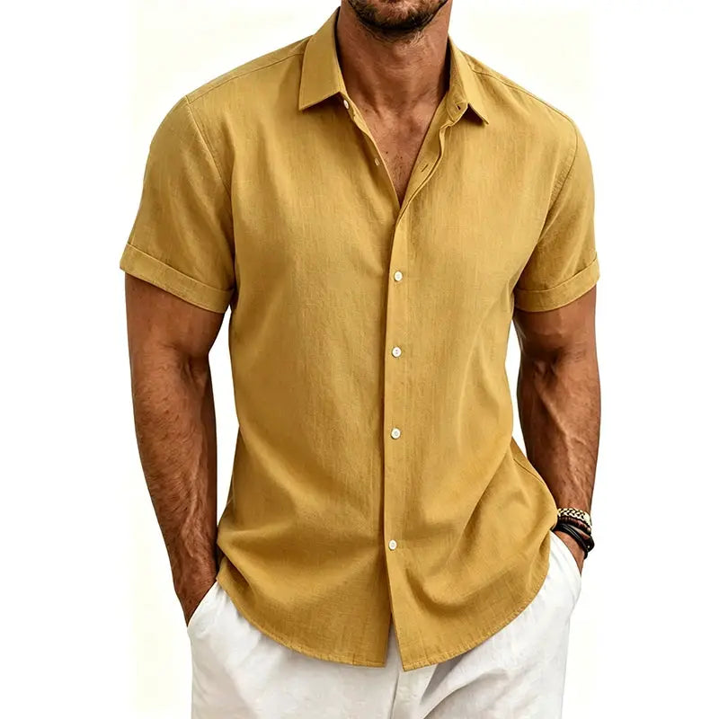 Men's cotton linen short-sleeve collared shirt in mustard yellow by Simples Market