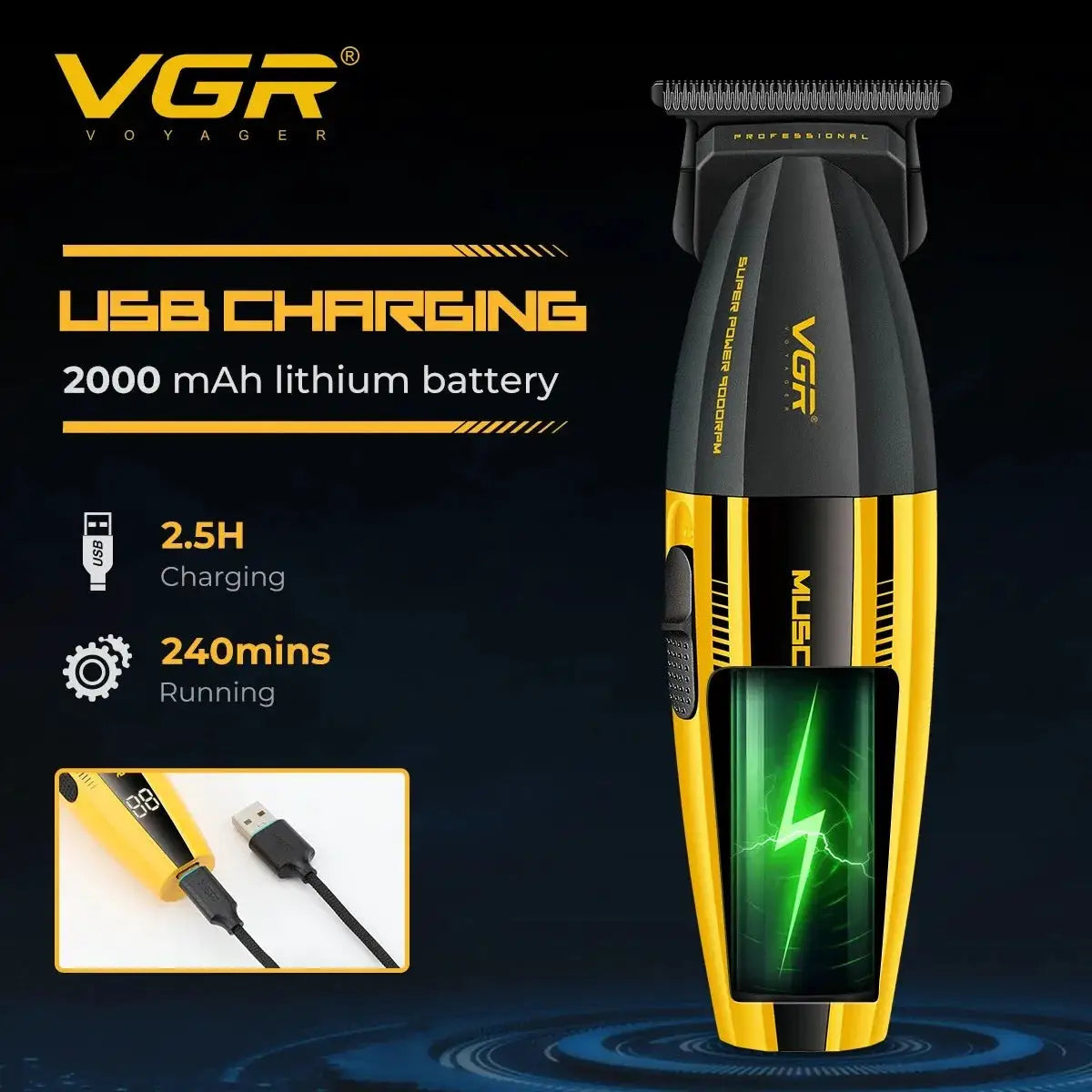 VGR professional hair trimmer by Simples Market, yellow and black USB-charging clippers with 2000mAh battery.