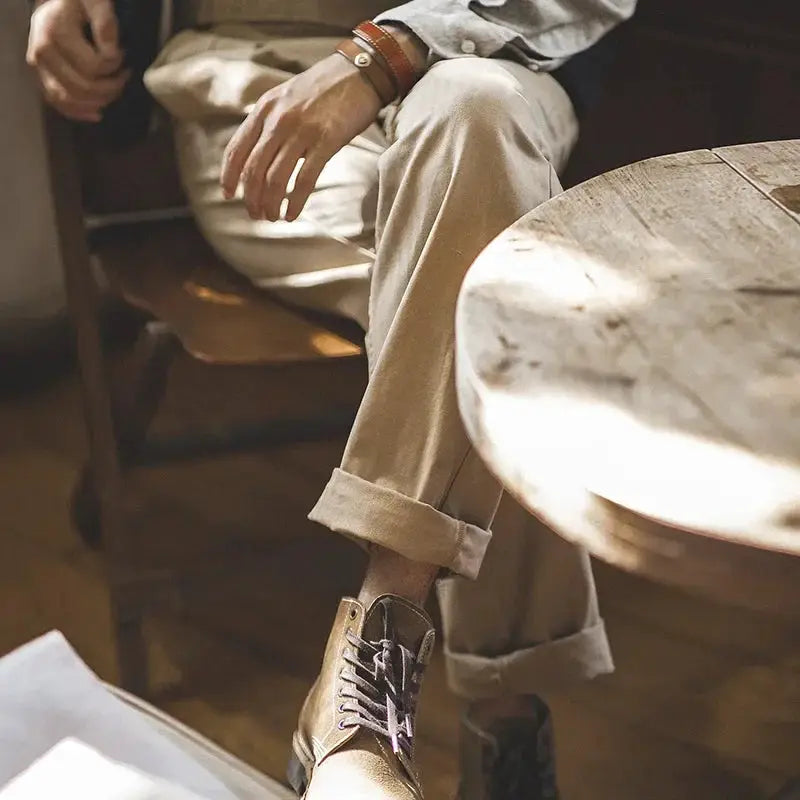 Maden Vintage Khaki Gurkha pants, adjustable high-waist casual cargo work trousers with rolled cuffs, versatile wear.