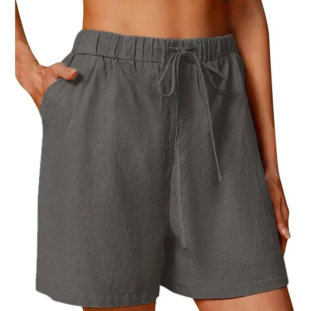 Women's summer casual shorts by Simples Market, gray cotton-linen fabric with drawstring waist and loose fit
