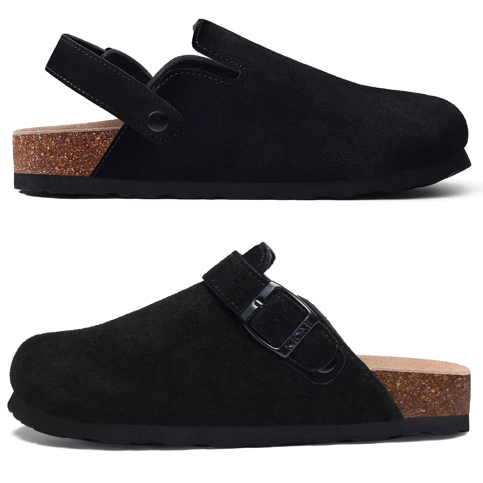 Litfun suede black clogs with cork footbed and adjustable strap, arch support