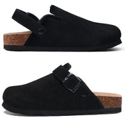 Women's black suede clogs with cork footbed, arch support and adjustable strap