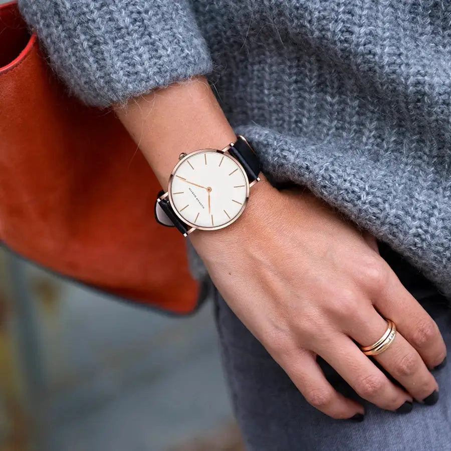 HANNAH MARTIN women's watch, rose-gold case, white dial, black leather strap