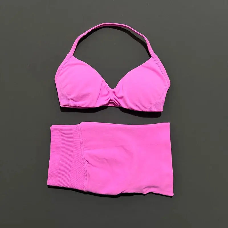 Histello 2 Piece Women Yoga Set Strappy Bra Top Scrunch Shorts