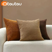 OTAUTAU cotton corduroy cushion covers on a cream sofa; three covers in rust, tan and brown across multiple sizes.