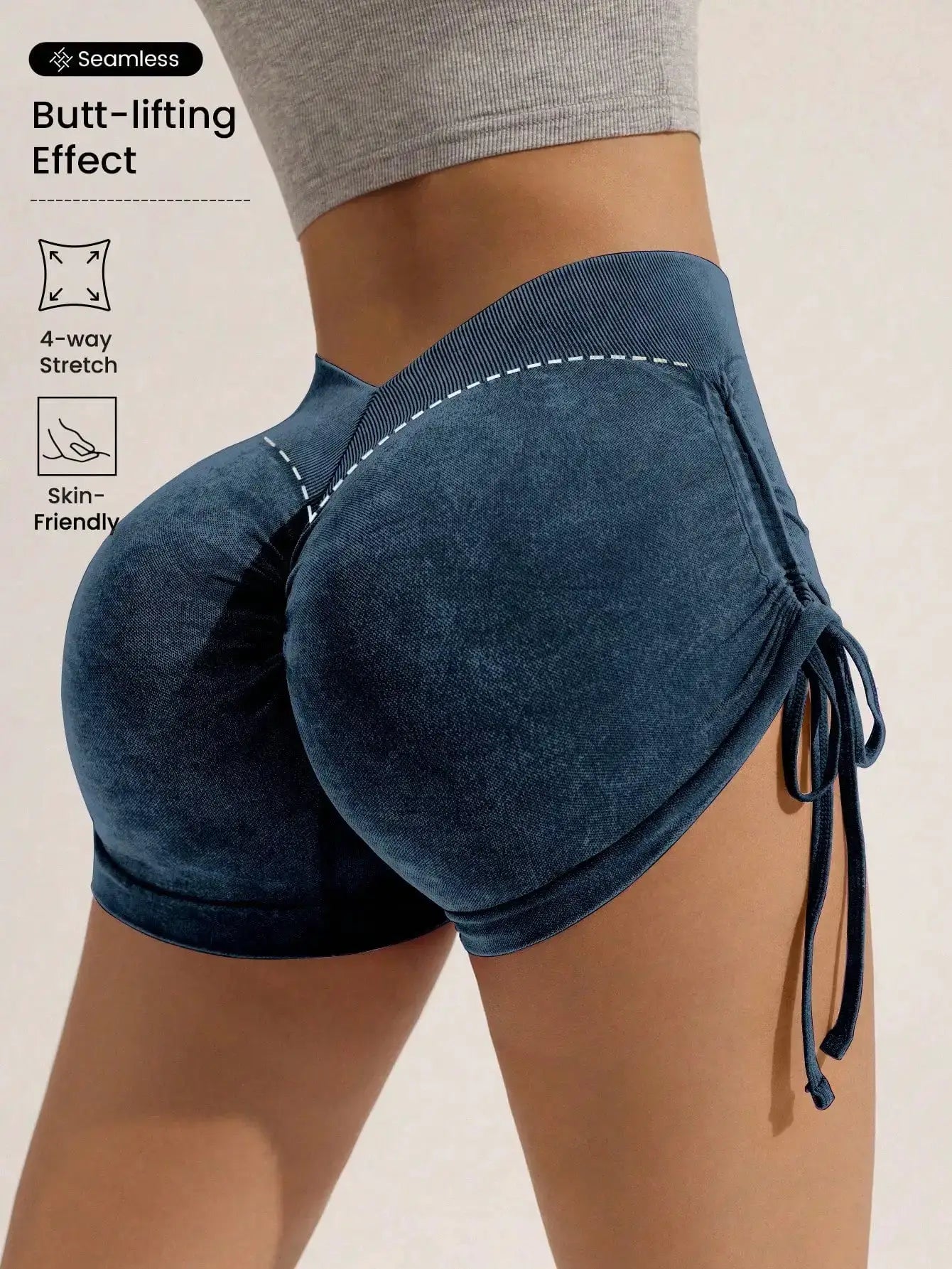 Seamless drawstring frosted shorts for women in blue, high-waisted with 4-way stretch fabric.