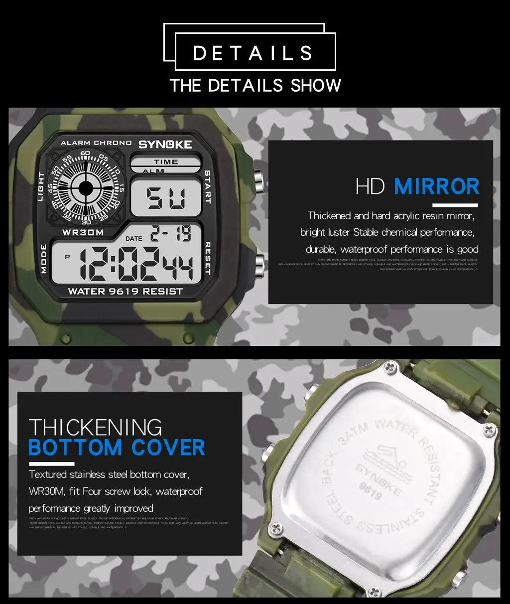 SYNOKE outdoor military digital watch for men; two views, camouflage finish, waterproof, luminous display