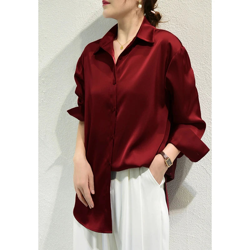 All Match Satin Finish Blouse For Women Turn Down Collar Three Quarter Sleeves Office And Casual Wear