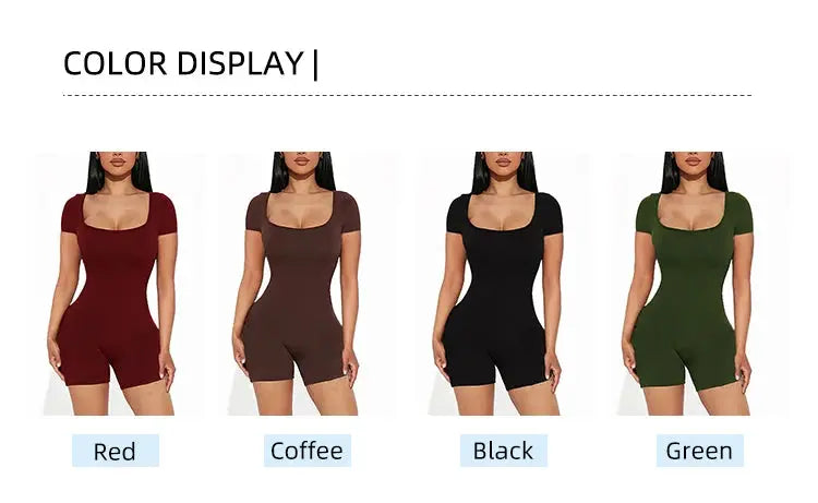 Simples Market women's 2025 summer solid-color U-neck short-sleeve jumpsuits in Red, Coffee, Black, Green (4 colors).
