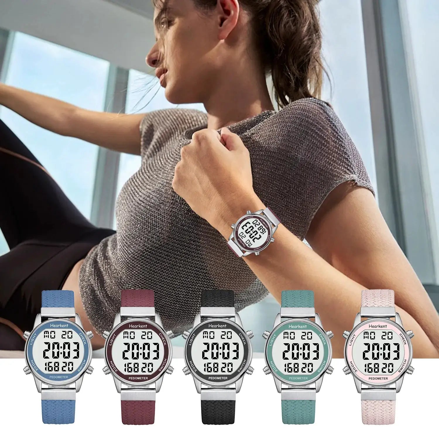 Hearkent women's pedometer sport watch with digital display; shown in 6 color options.