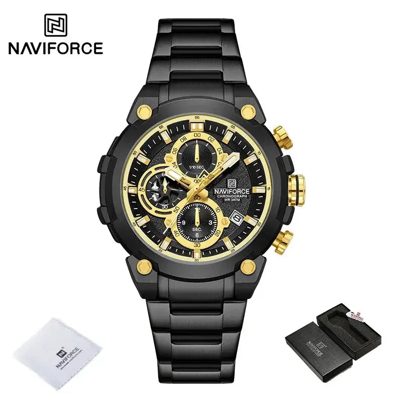 Naviforce men's military chronograph watch with black steel band and gold accents; 3ATM waterproof, includes box