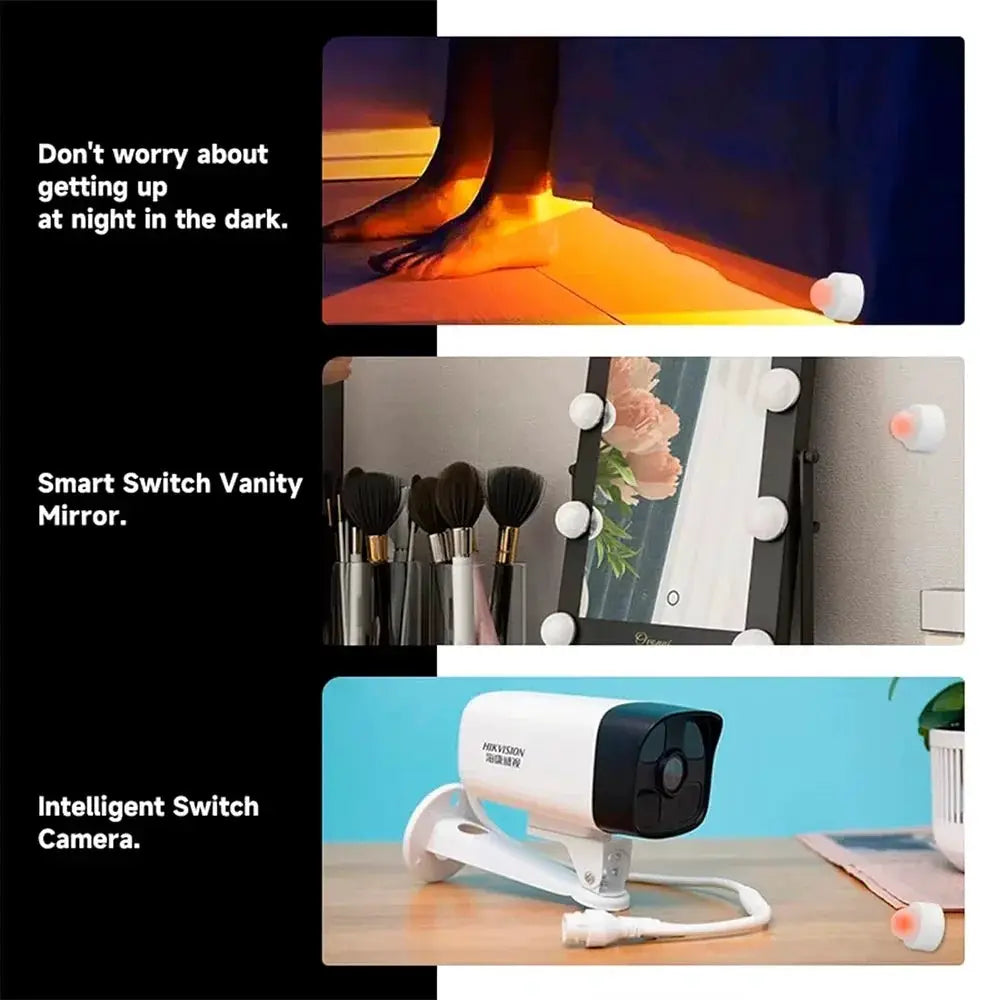 Zigbee PIR motion sensor infrared detector; white device shown with vanity mirror and Hikvision camera, three devices.