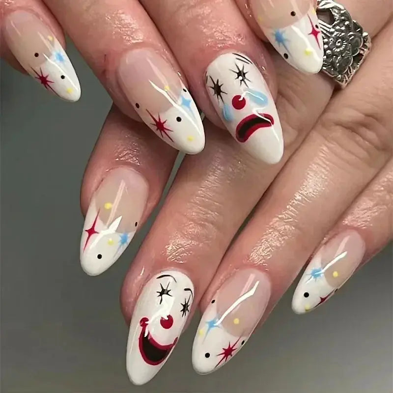 Glamora French Almond False Nails 24 Piece Press On Stiletto Tips With White Edge Design Glue Included For Wearable Glam
