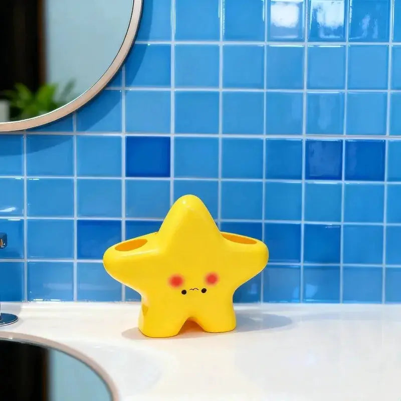 Star-shaped yellow toothbrush holder with cute face, freestanding bathroom organizer
