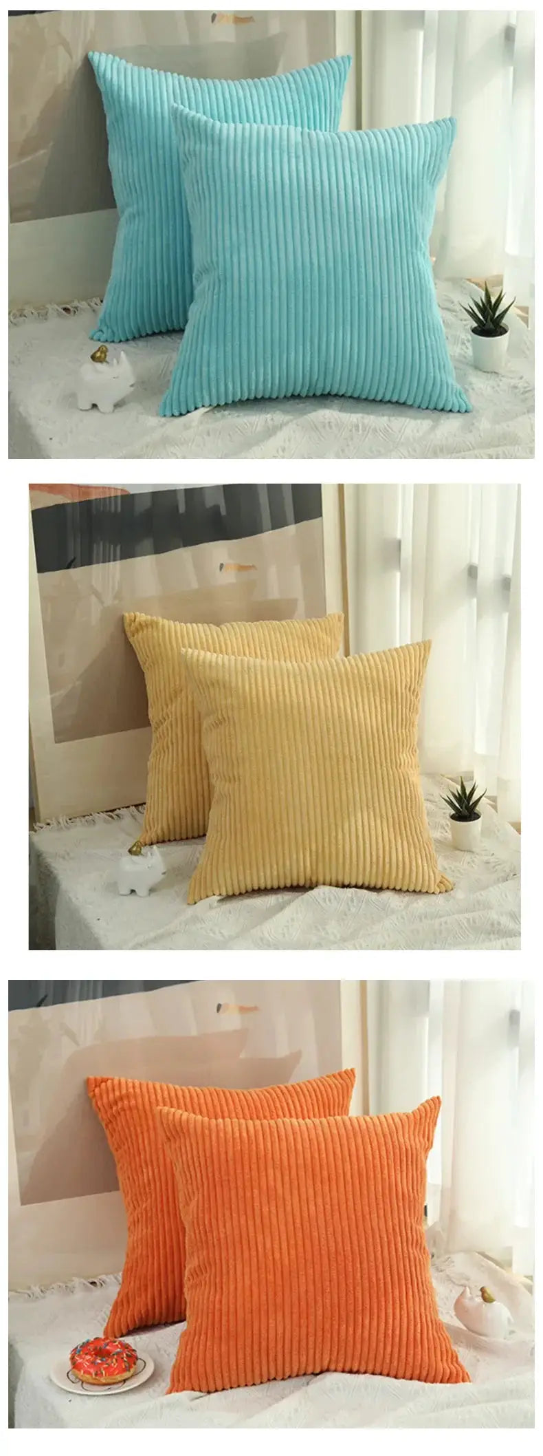 Corduroy pillow covers by Simples Market; plush cushion covers in turquoise blue, beige, and orange (3 colors)