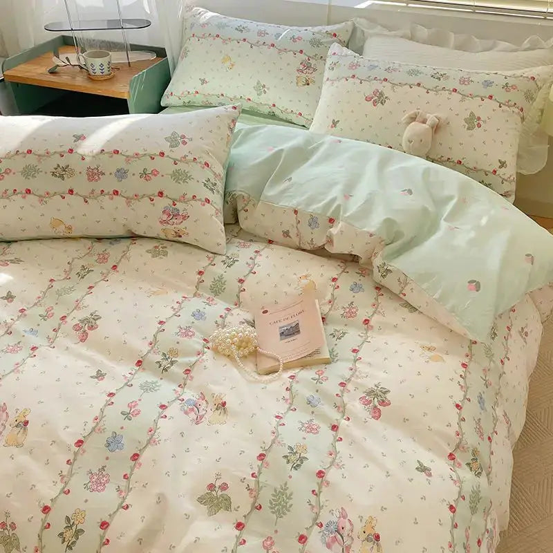Simples Market pink floral bedding set for queen size bed with duvet cover, flat sheet and pillowcases.