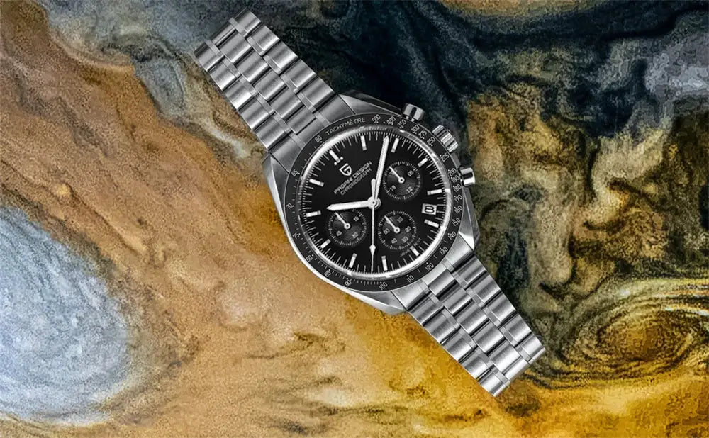 Pagani Design Moon men's stainless steel chronograph watch with black dial and tachymeter bezel
