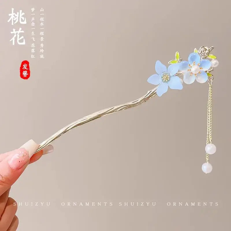 Elegant Chinese Style Romantic Enameled Flower Tassel Hair Clip Alloy Jewelry Hairpin For Women Fashion Accessory