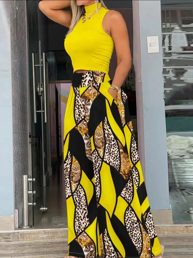 Summer Print Two Piece Set Women Sleeveless Tank Top Wide Leg Pants