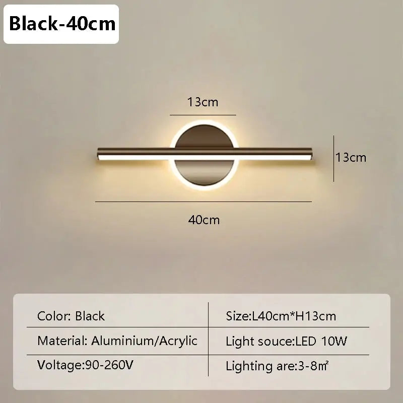 Modern LED wall lamp, black and gold aluminium long strip with circular backplate, 40cm bathroom mirror lighting
