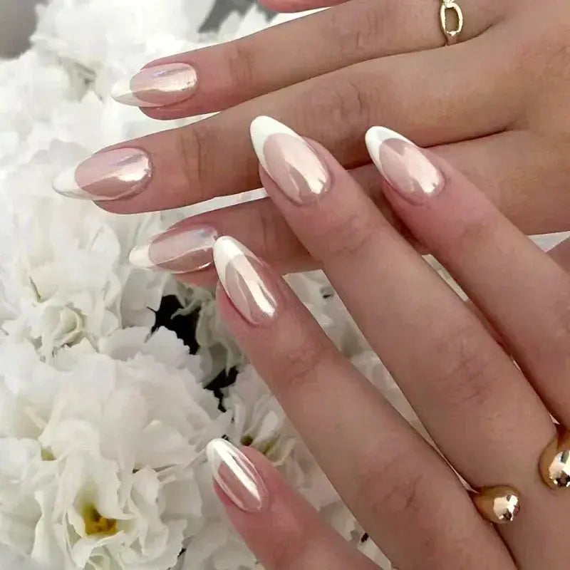 Glamora French Almond False Nails 24 Piece Press On Stiletto Tips With White Edge Design Glue Included For Wearable Glam