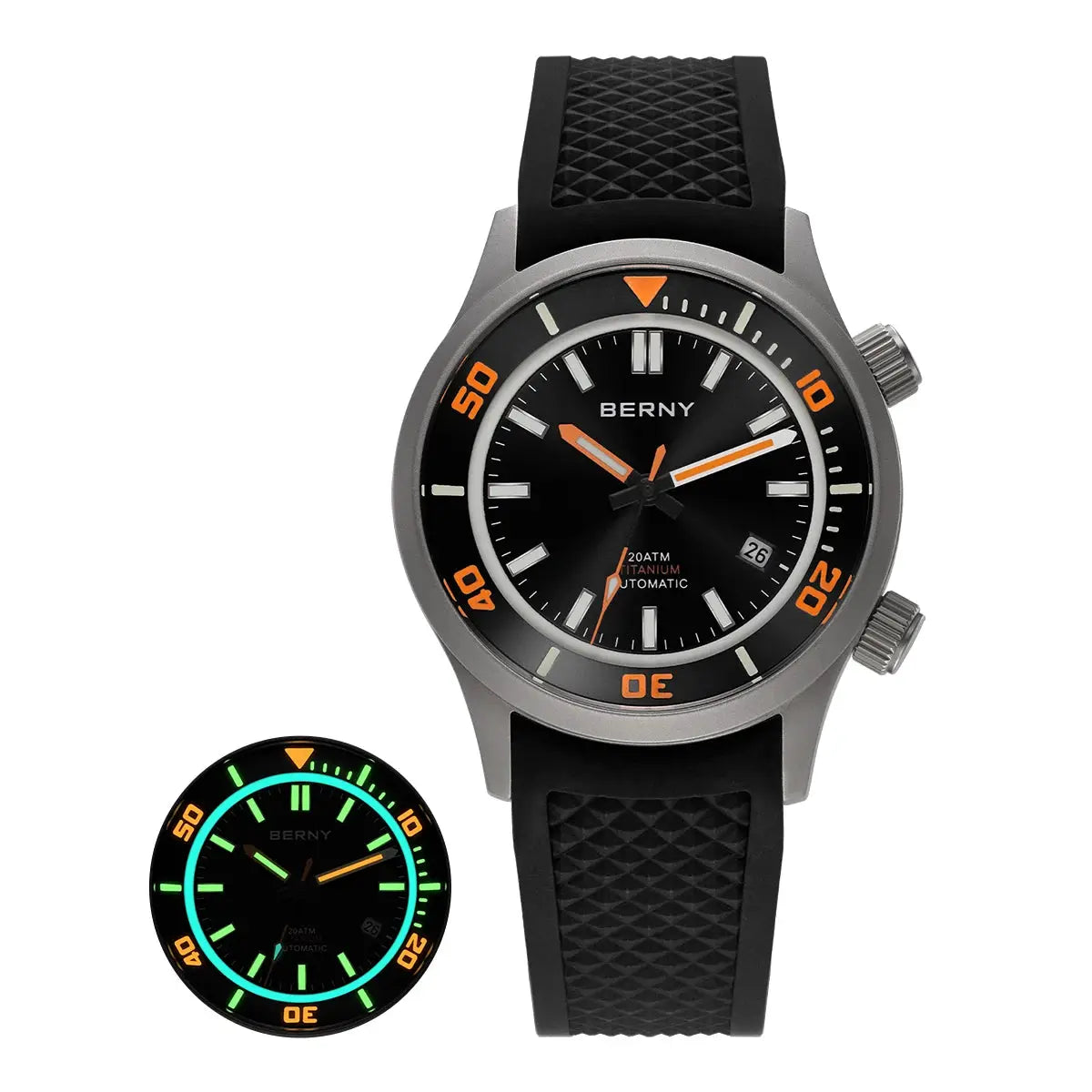 BERNY men's 20ATM titanium automatic diver watch with black dial, orange bezel markers, and textured rubber strap