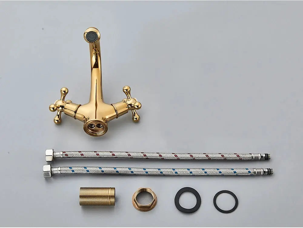 Antique brass bathroom faucet mixer with two handles, deck-mounted, with braided supply hoses
