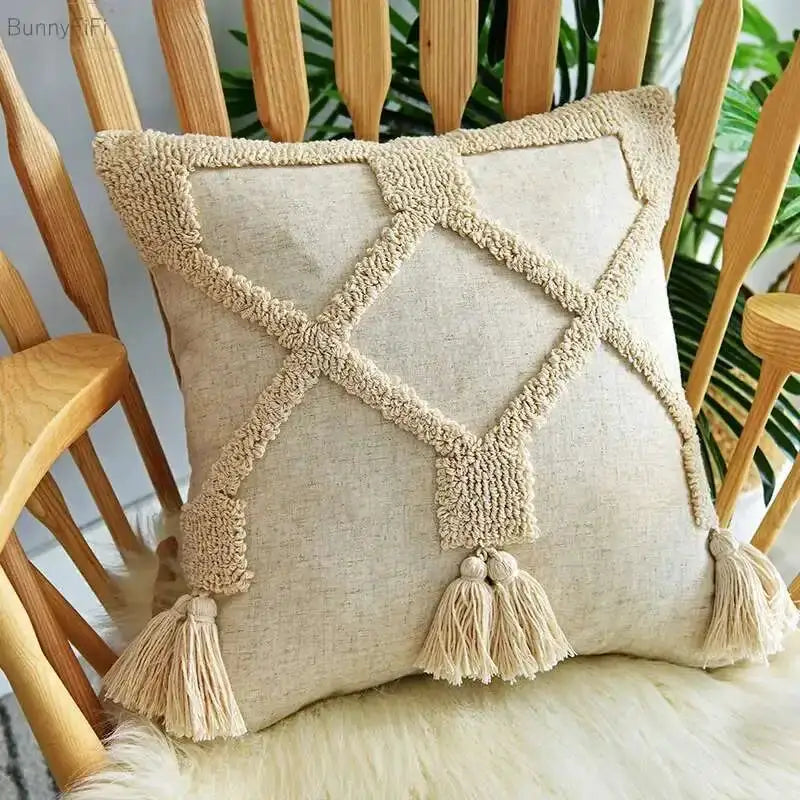 Boho linen cushion cover in beige with tassel fringe and diamond rope trim (45x45cm/30x50cm)