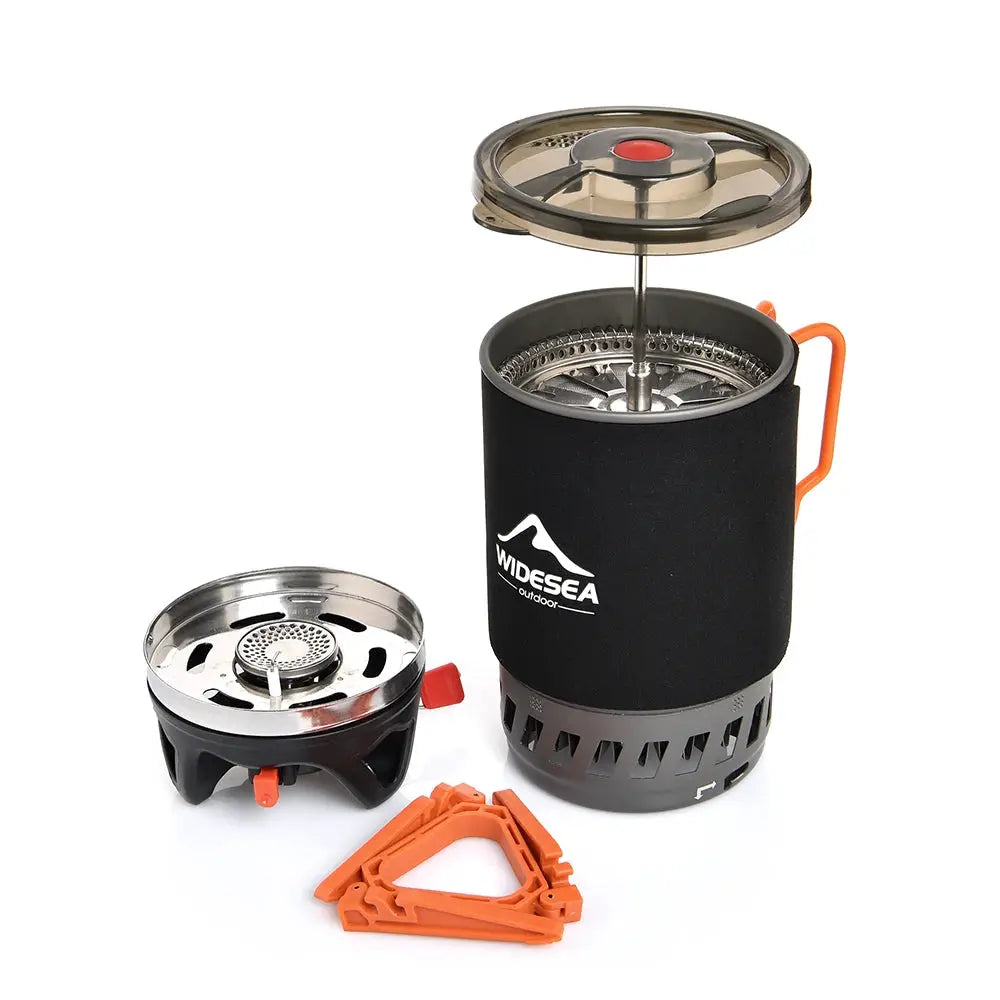 Widesea portable camping coffee maker set: black insulated French press (0.9L) with orange handle and compact gas stove.