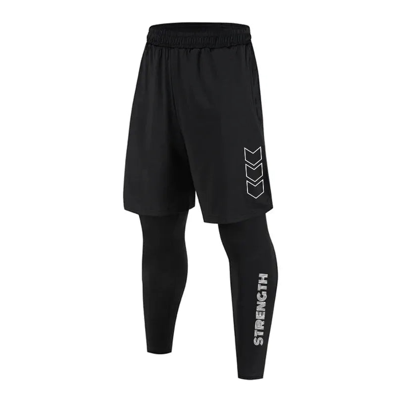 Men's 2-in-1 compression athletic pants with shorts overlay, black quick-dry fabric, Strength branding