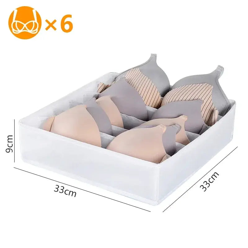 Underwear organizer box with six compartments in white fabric; stores bras and panties, 33x33x9 cm