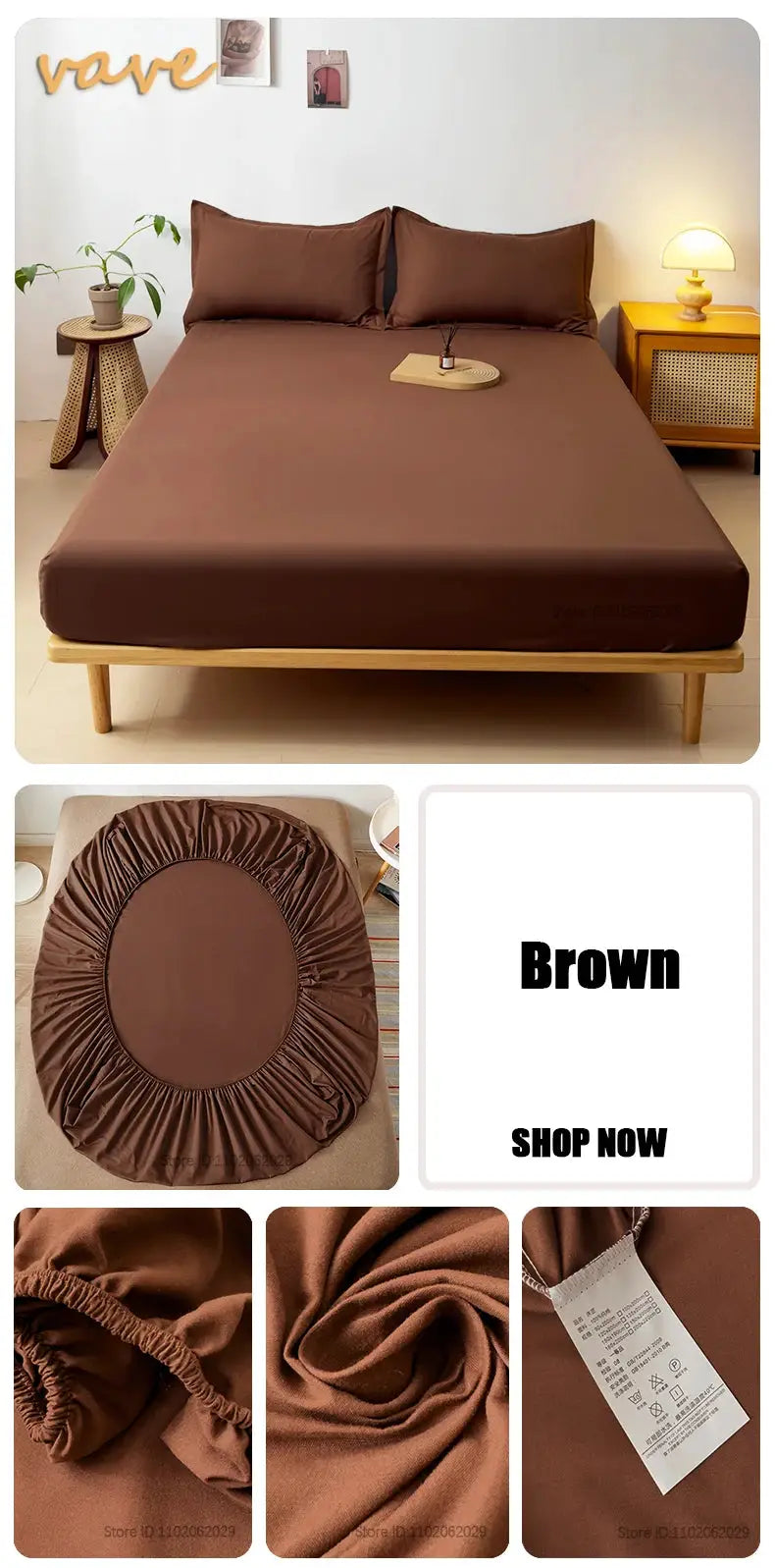 Simples Market brown cotton fitted sheet with elastic bands on a bed, paired with an adjustable mattress pad.